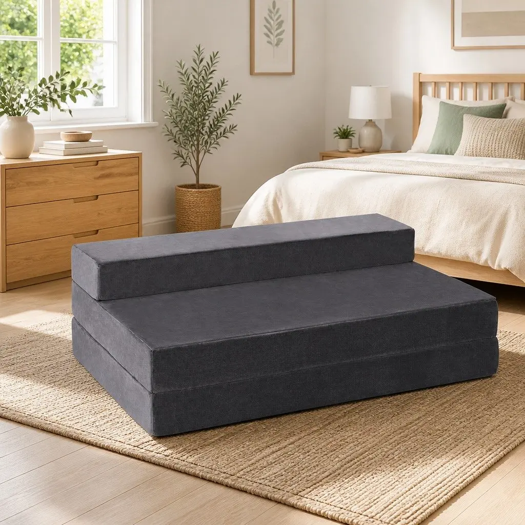Foldable Foam Mattress Sofa Double Bed Grey Velvet 180 x 122 cm