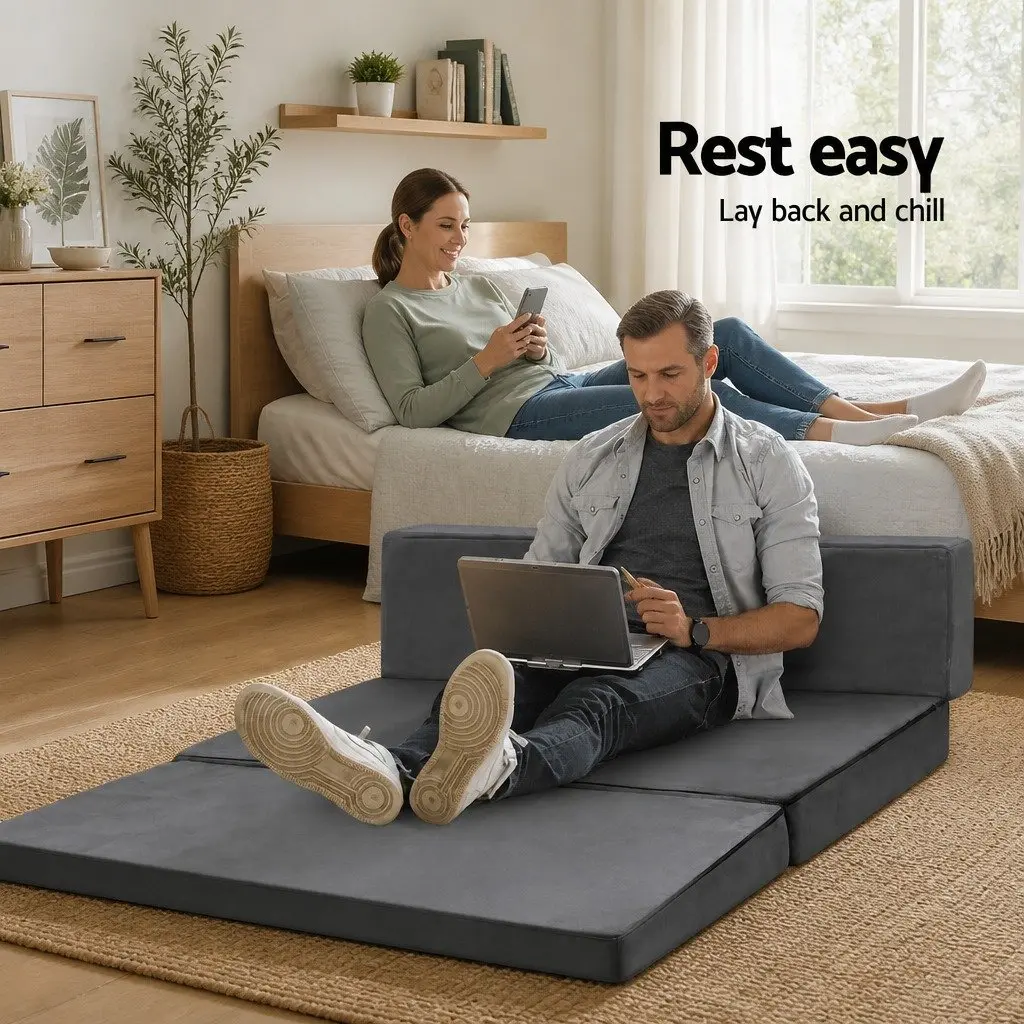 Foldable Foam Mattress Sofa Double Bed Grey Velvet 180 x 122 cm