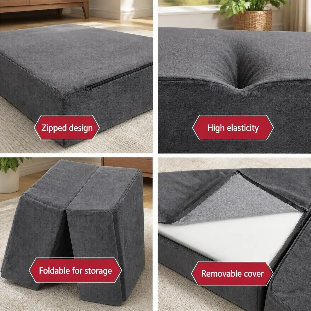 Foldable Foam Mattress Sofa Double Bed Grey Velvet 180 x 122 cm