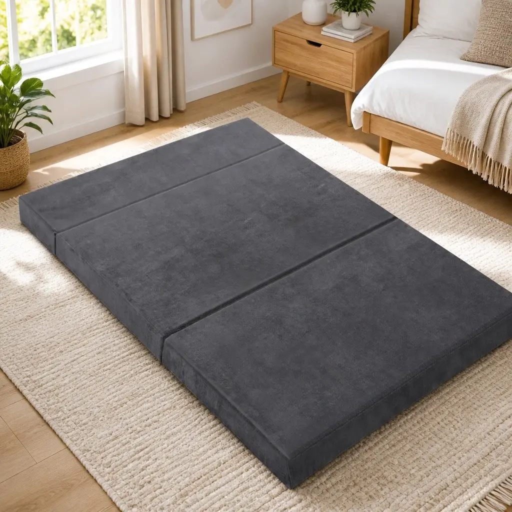 Foldable Foam Mattress Sofa Double Bed Grey Velvet 180 x 122 cm