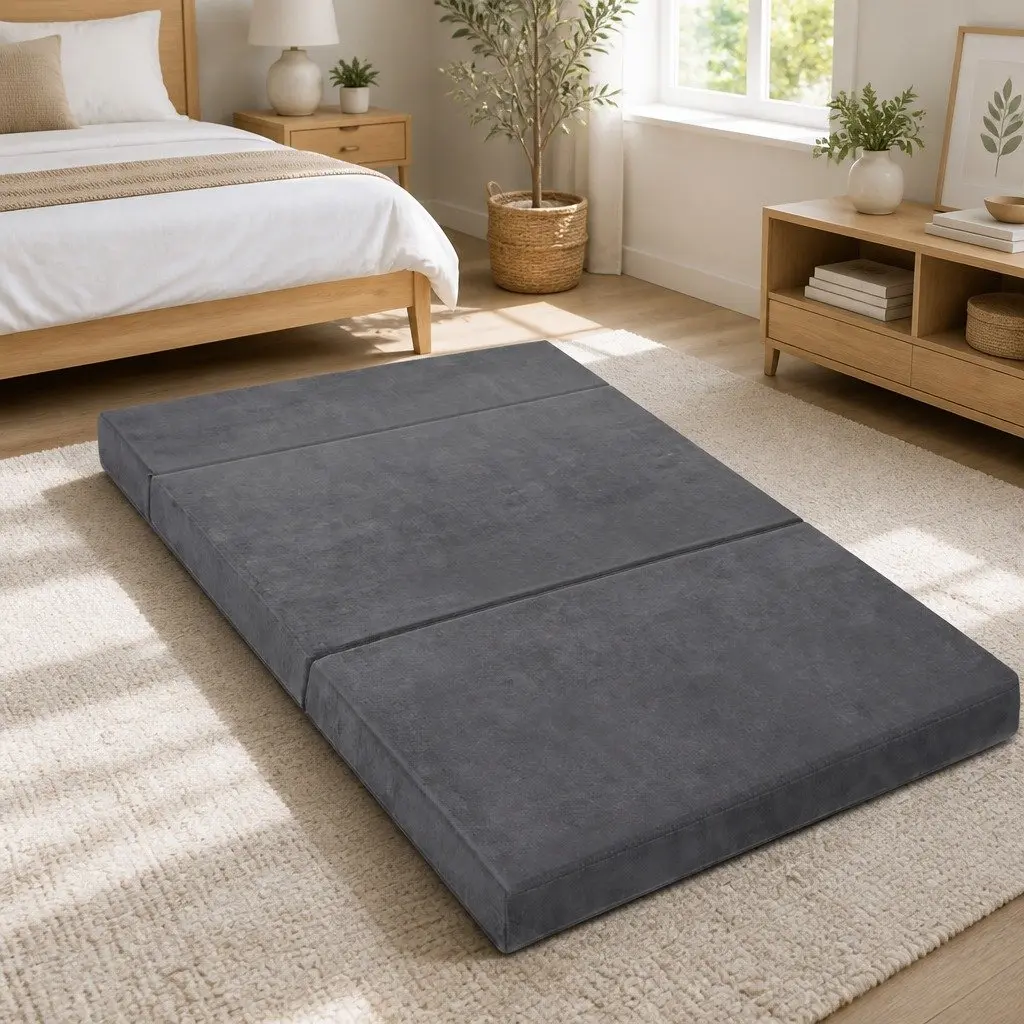 Foldable Foam Mattress Sofa Double Bed Grey Velvet 180 x 122 cm