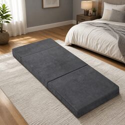 Foldable Foam Mattress Single Bed Chair Grey Velvet Soft Removable Cover Storage