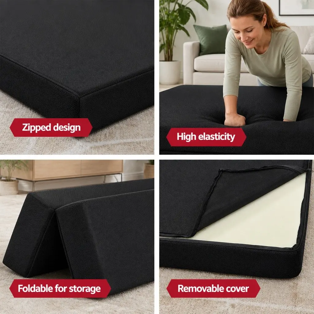 Foldable Foam Mattress Sofa Bed Double Black 180cm x 122cm x 24cm