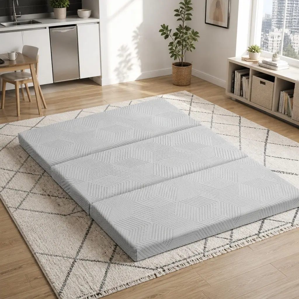 Tri-Fold Mattress Double Bed Chair Grey Foldable Foam Convertible Sofa Flexible