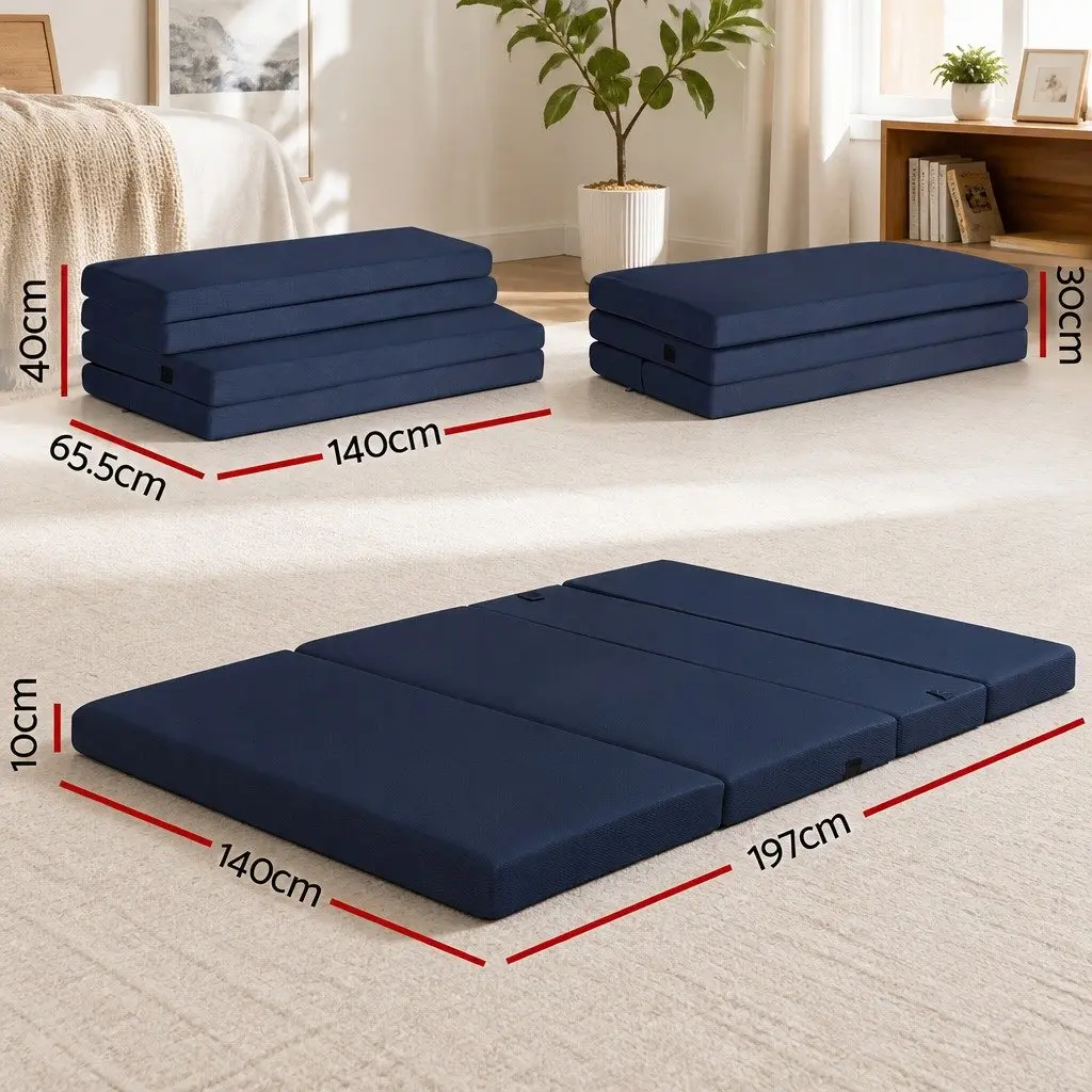 Foldable Foam Mattress 4-Fold Design Portable Floor Mat Guest Bed Blue Double