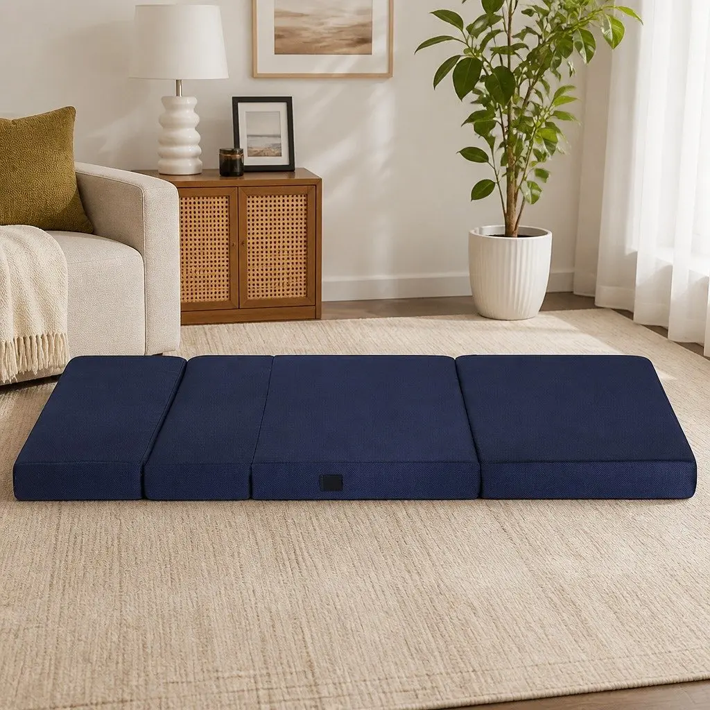 Foldable Foam Mattress 4-Fold Design Portable Floor Mat Guest Bed Blue Double