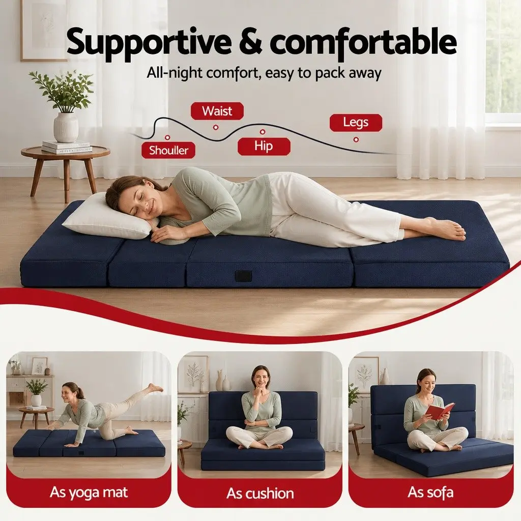 Foldable Foam Mattress 4-Fold Design Portable Floor Mat Guest Bed Blue Double