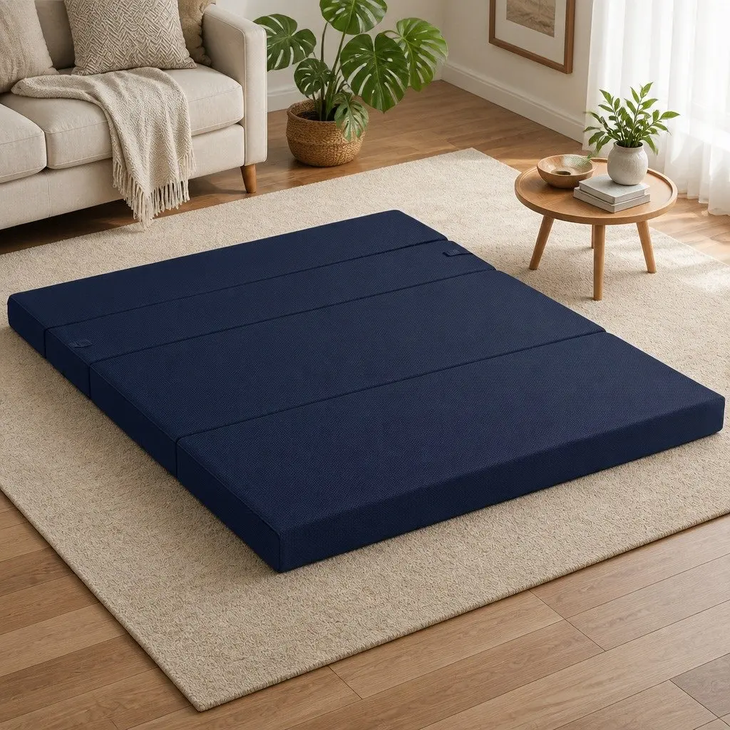Foldable Foam Mattress 4-Fold Design Portable Floor Mat Guest Bed Blue Double