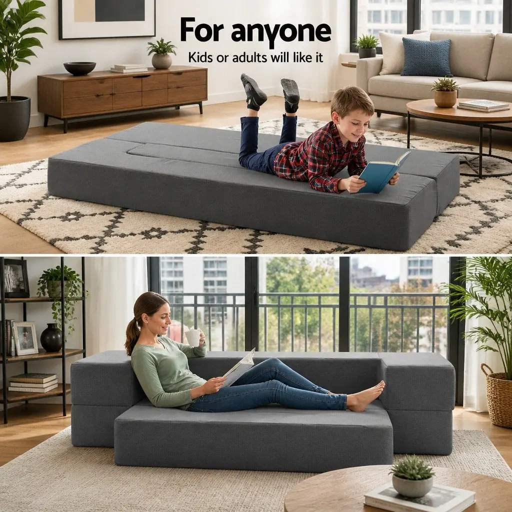 Foldable Foam Mattress Sofa Bed Chair Lounger Ottoman Grey Convertible Furniture