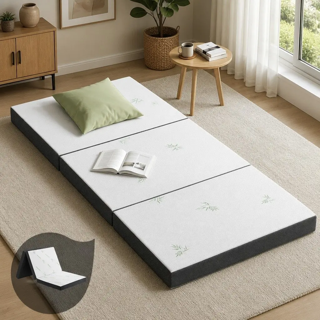 Single Folding Foam Mattress Foldable Bed Chair White Bamboo Fabric Portable