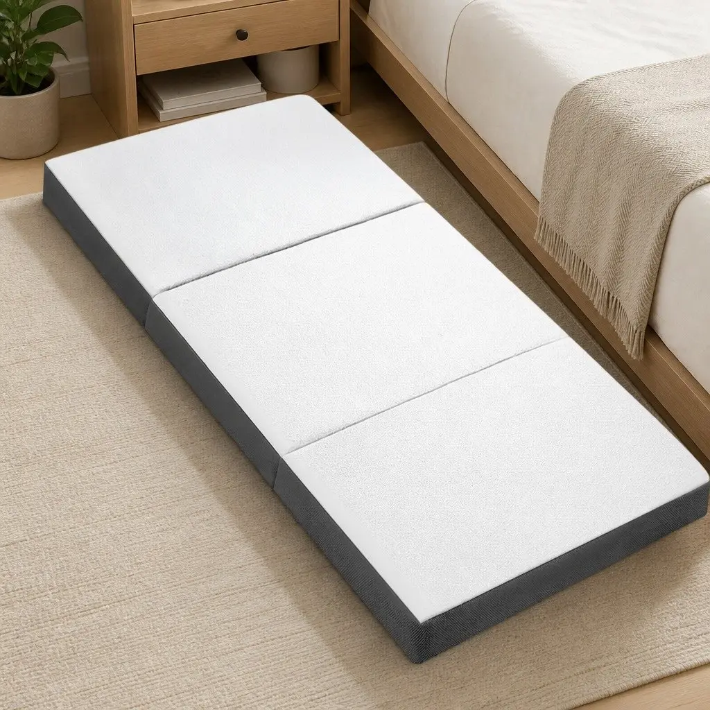 Single Folding Foam Mattress Foldable Bed Chair White Bamboo Fabric Portable