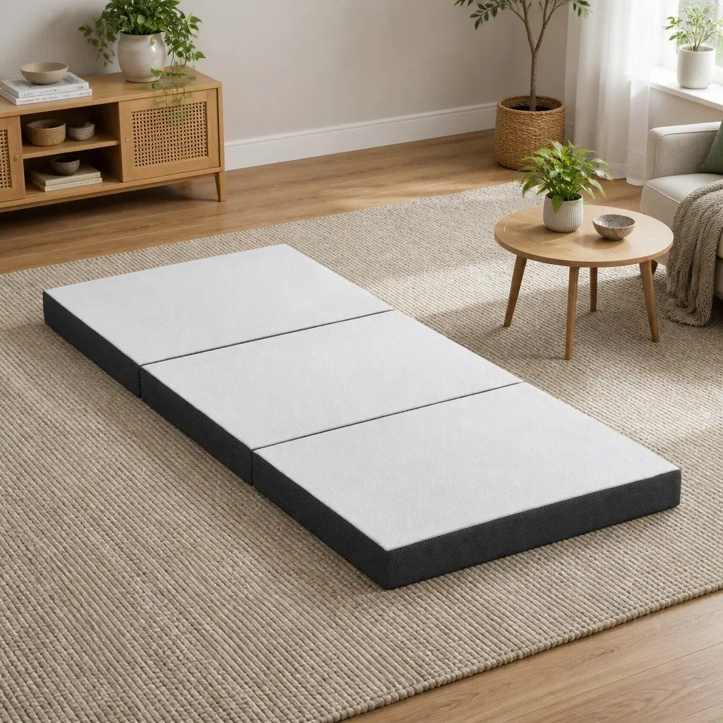 Single Folding Foam Mattress Foldable Bed Chair White Bamboo Fabric Portable