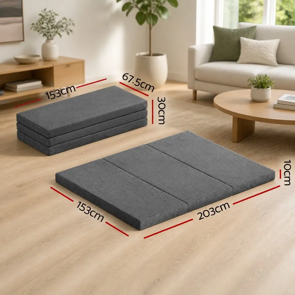 Foldable Foam Mattress Queen Bed Tri-Fold Chair Sofa Dark Grey Portable Storage