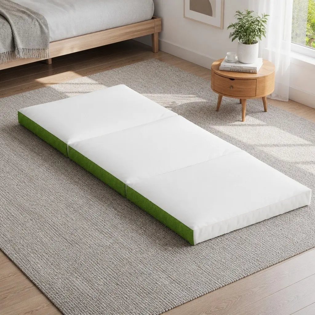 Foldable Foam Mattress Trifold Single Bed Chair Green White Portable Camping
