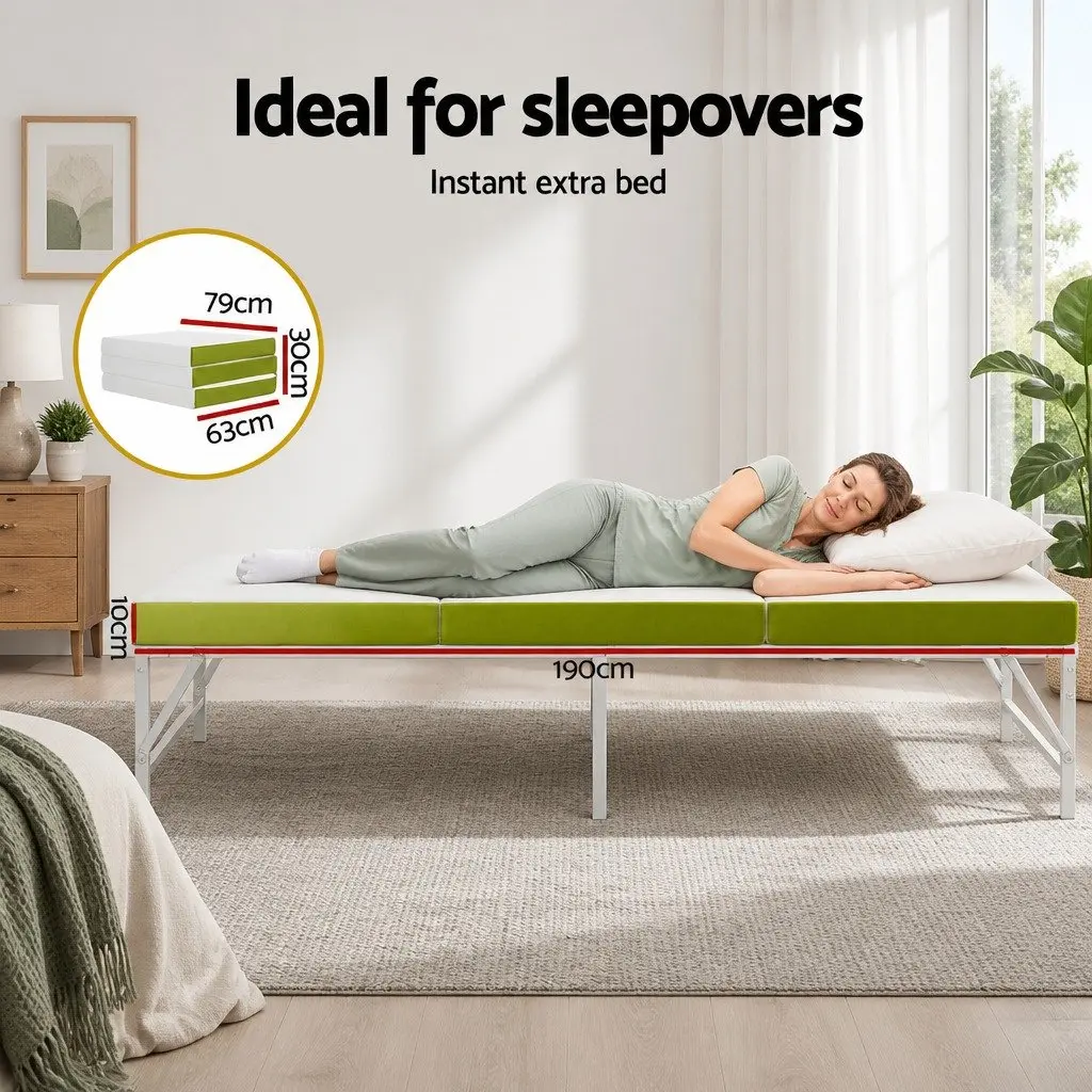 Foldable Foam Mattress Trifold Single Bed Chair Green White Portable Camping