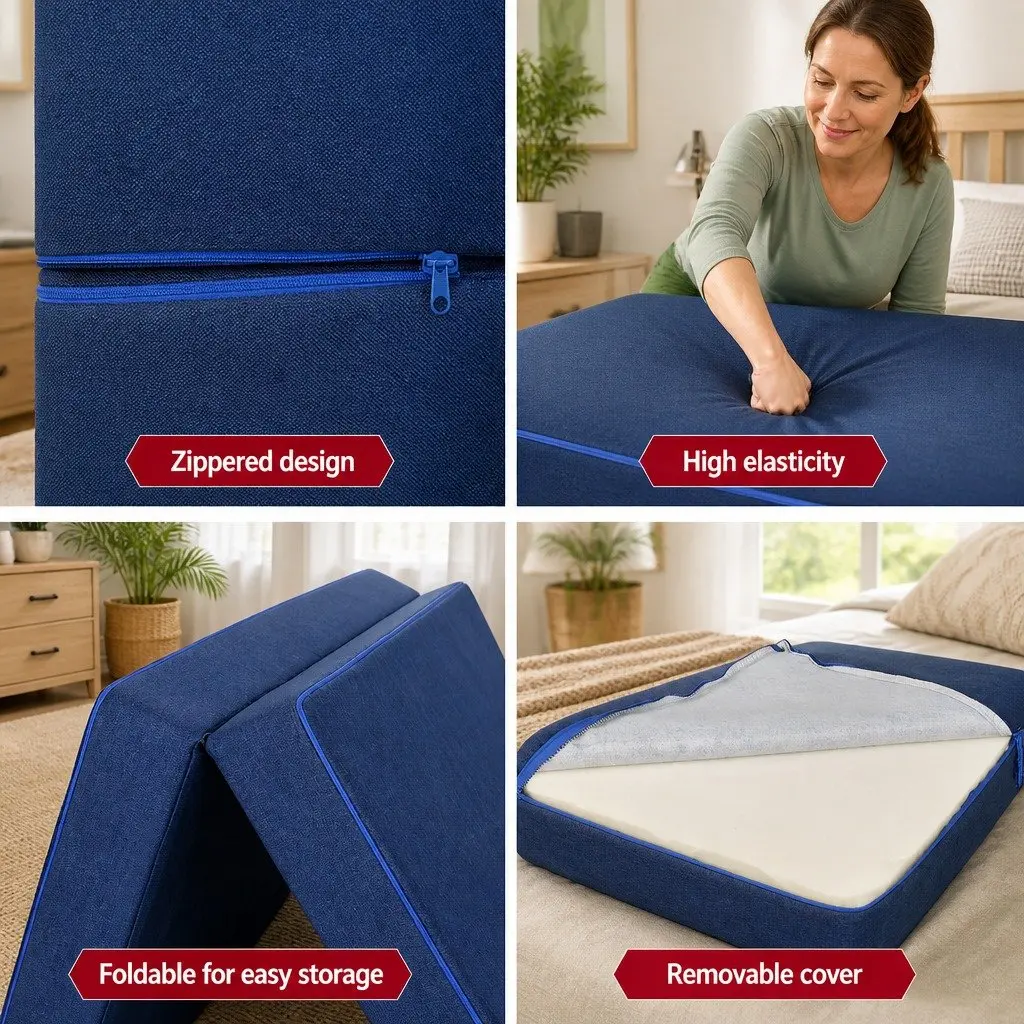 Single Mattress Foam Folding Bed Chair Sofa Blue 190cm x 79cm x 10cm