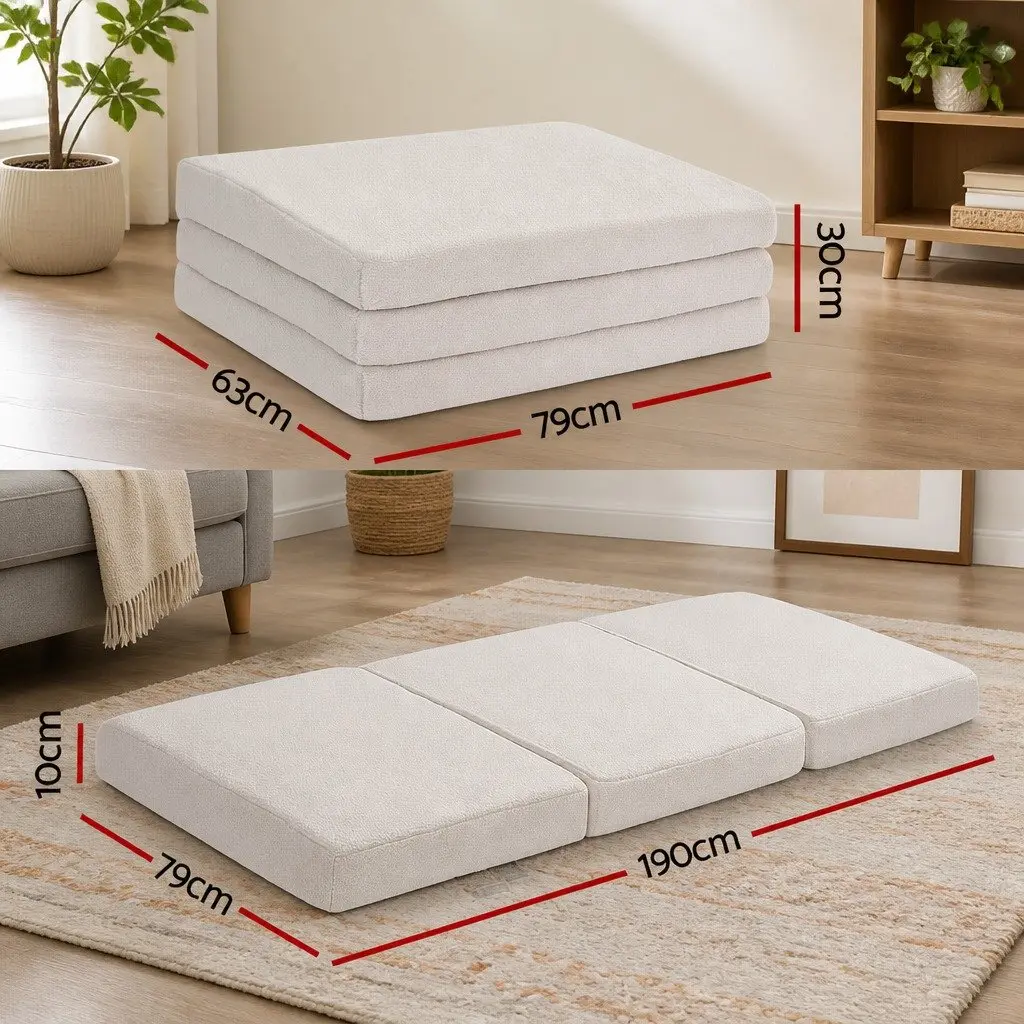 Foldable Foam Mattress Chair Bed Portable Single 3-Fold Sherpa 190cm L x 79cm W x 10cm H