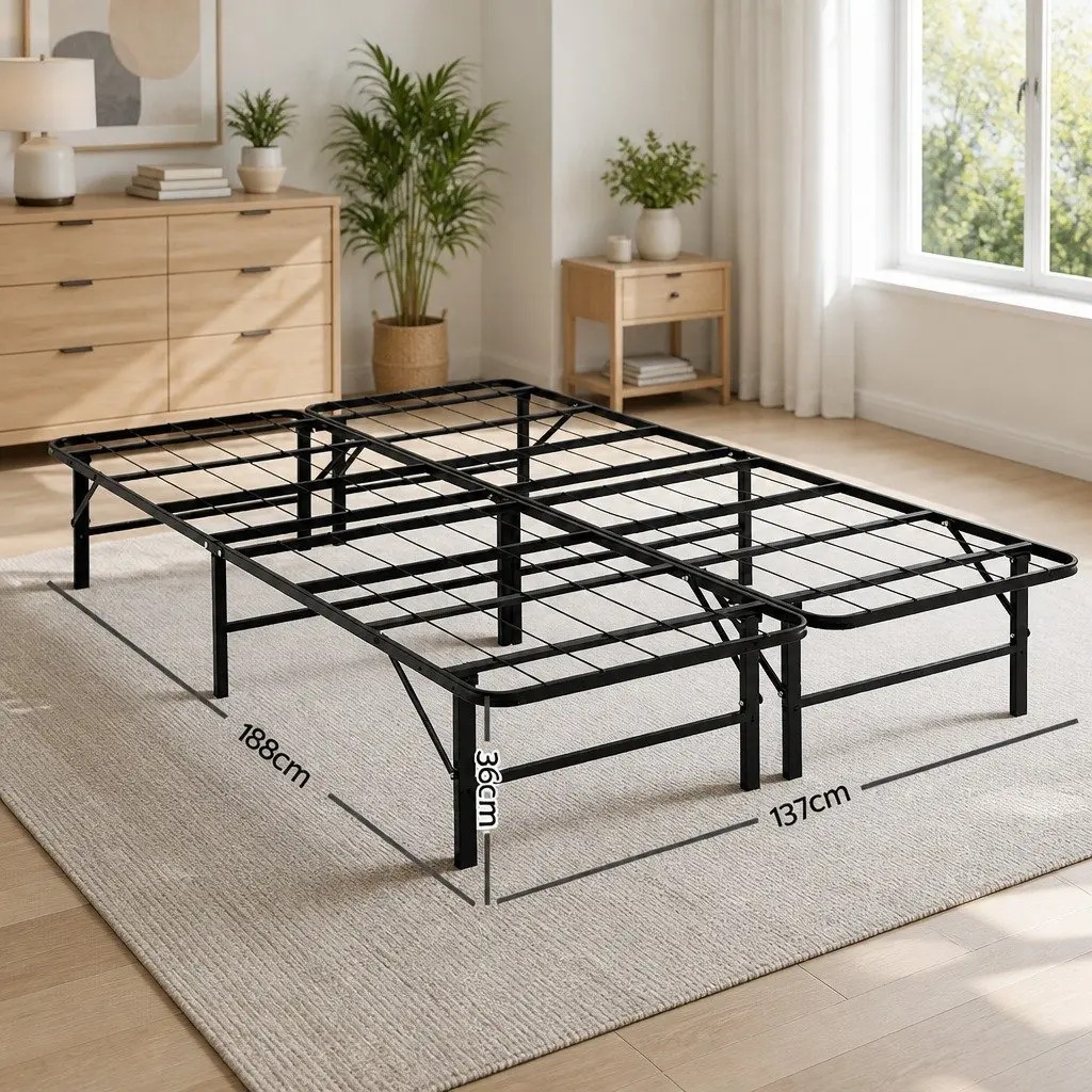 Double Bed Frame Folding Metal Base Black Portable Foldable Storage Bed