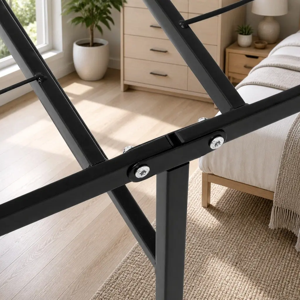 Double Bed Frame Folding Metal Base Black Portable Foldable Storage Bed