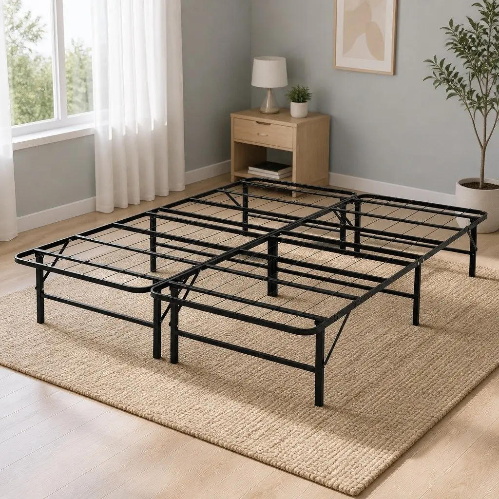 Queen Folding Bed Frame Metal Base Black Storage Under Bed Easy Assembly