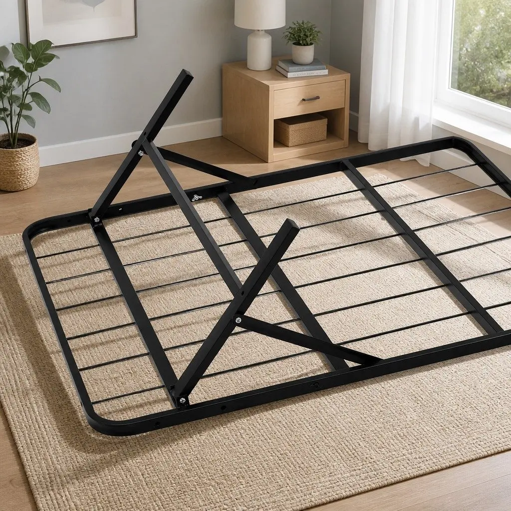 Queen Folding Bed Frame Metal Base Black Storage Under Bed Easy Assembly