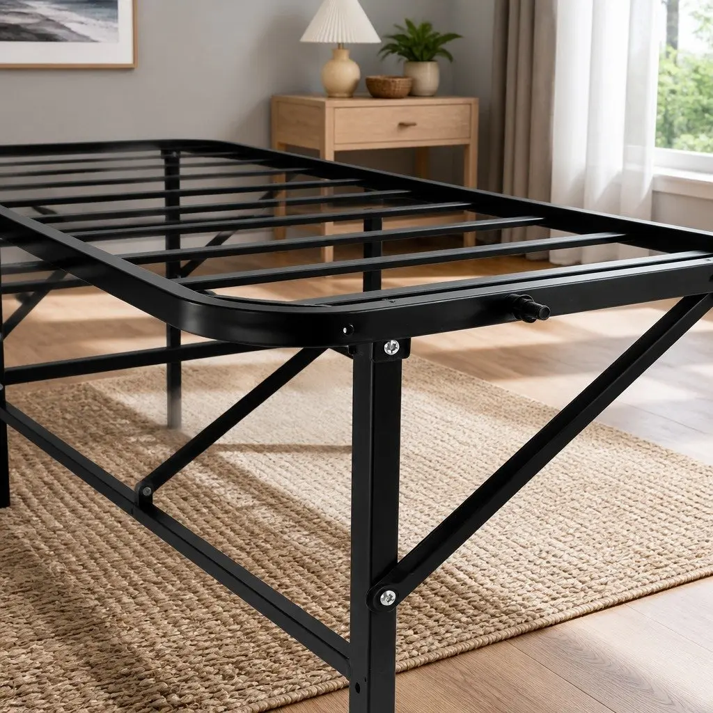 Queen Folding Bed Frame Metal Base Black Storage Under Bed Easy Assembly