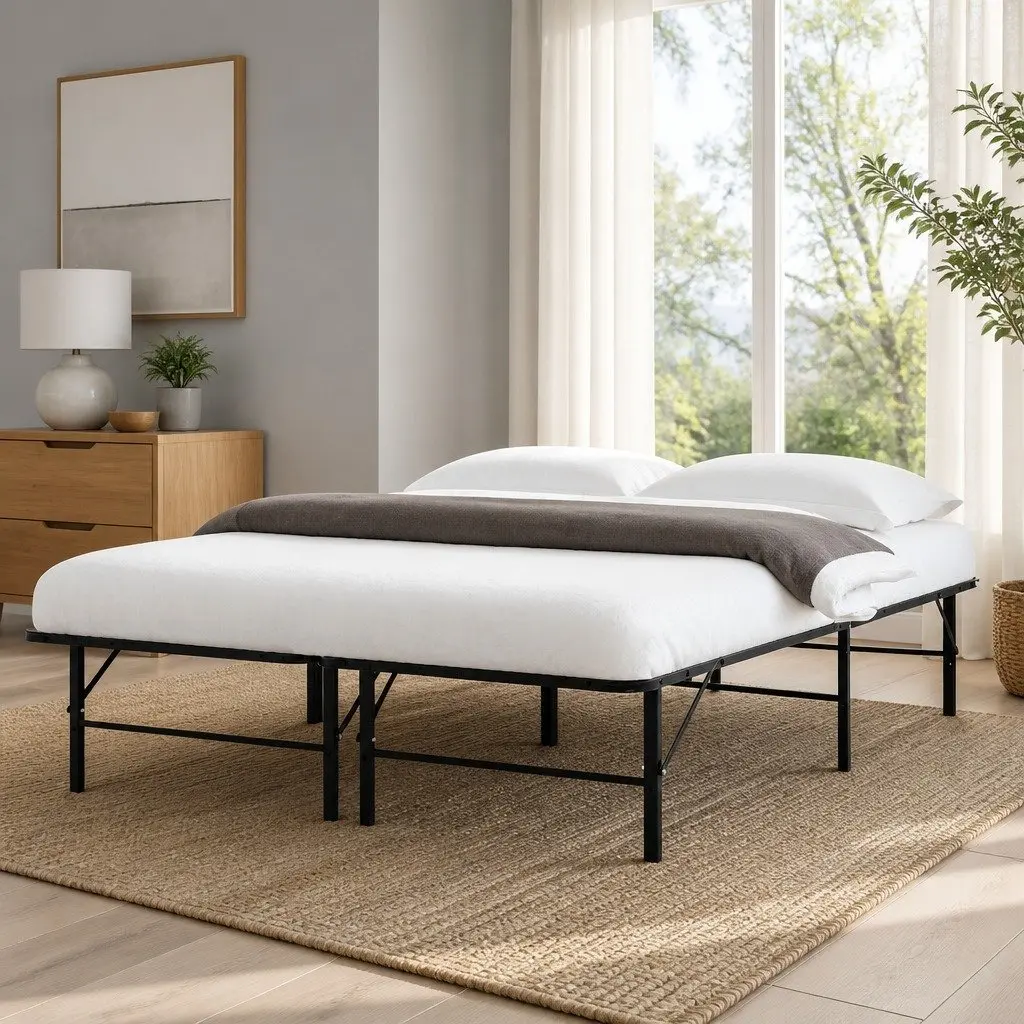 Queen Folding Bed Frame Metal Base Black Storage Under Bed Easy Assembly