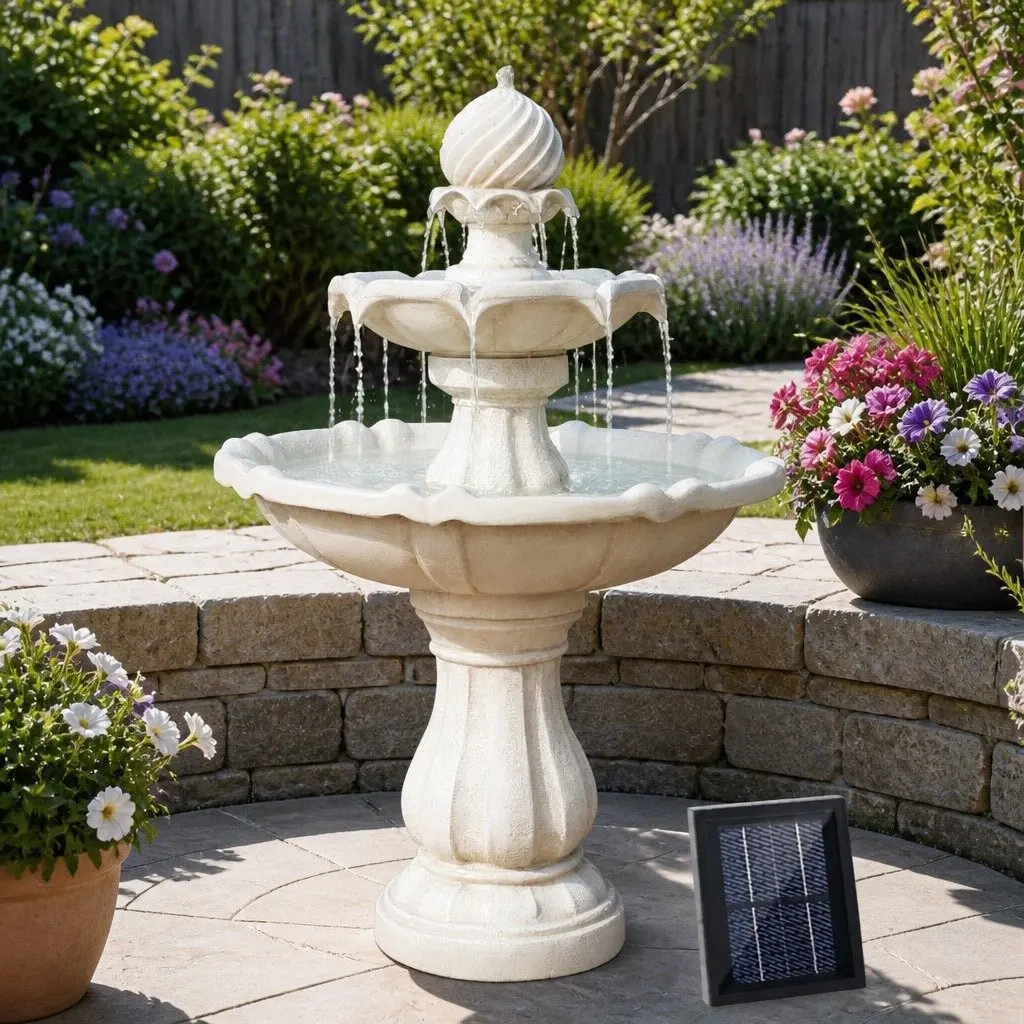 Solar Water Feature Three Tier Fountain with Pump Kit Bird Bath Ivory 90CM