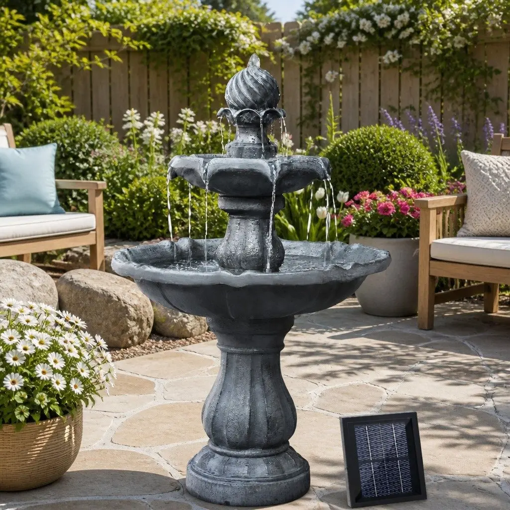 Solar Powered 3-Tier Water Fountain Garden Bird Bath Feature 93cm Black