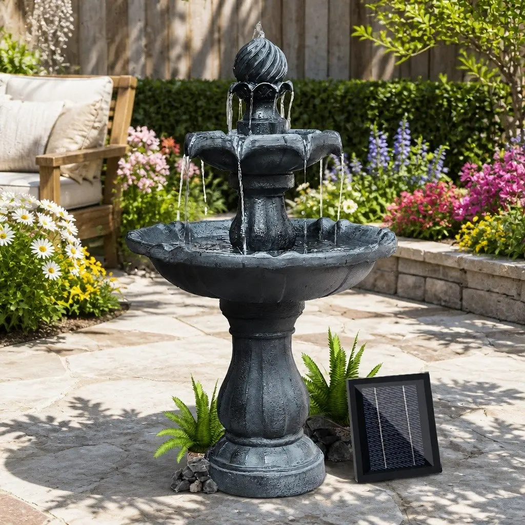 Solar Powered 3-Tier Water Fountain Garden Bird Bath Feature 93cm Black