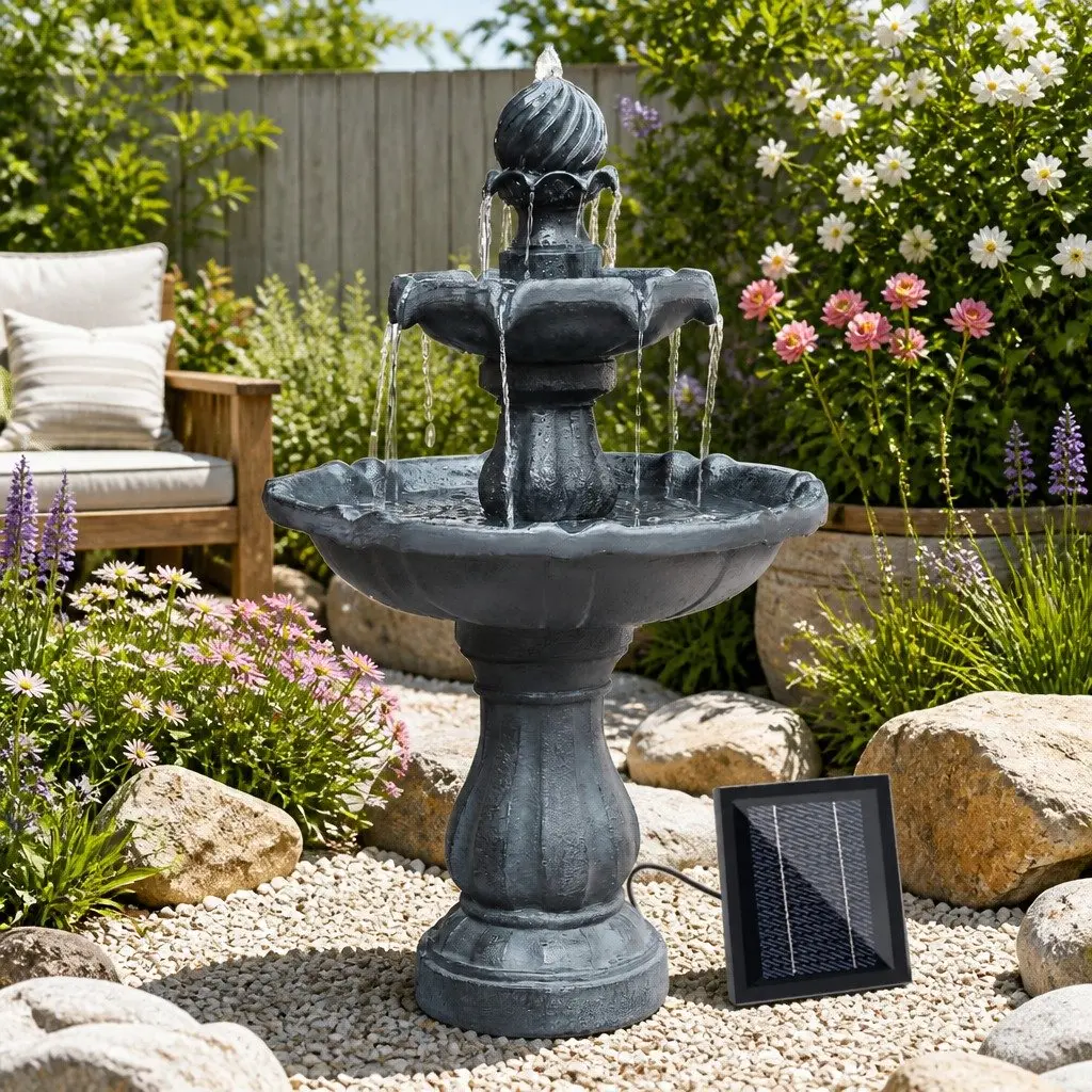 Solar Powered 3-Tier Water Fountain Garden Bird Bath Feature 93cm Black