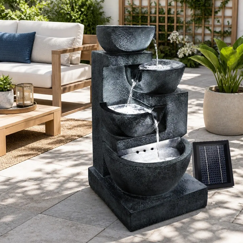 Solar Water Fountain Outdoor Garden 72CM Blue 4-Tier Cascading Bowl with LED Lights