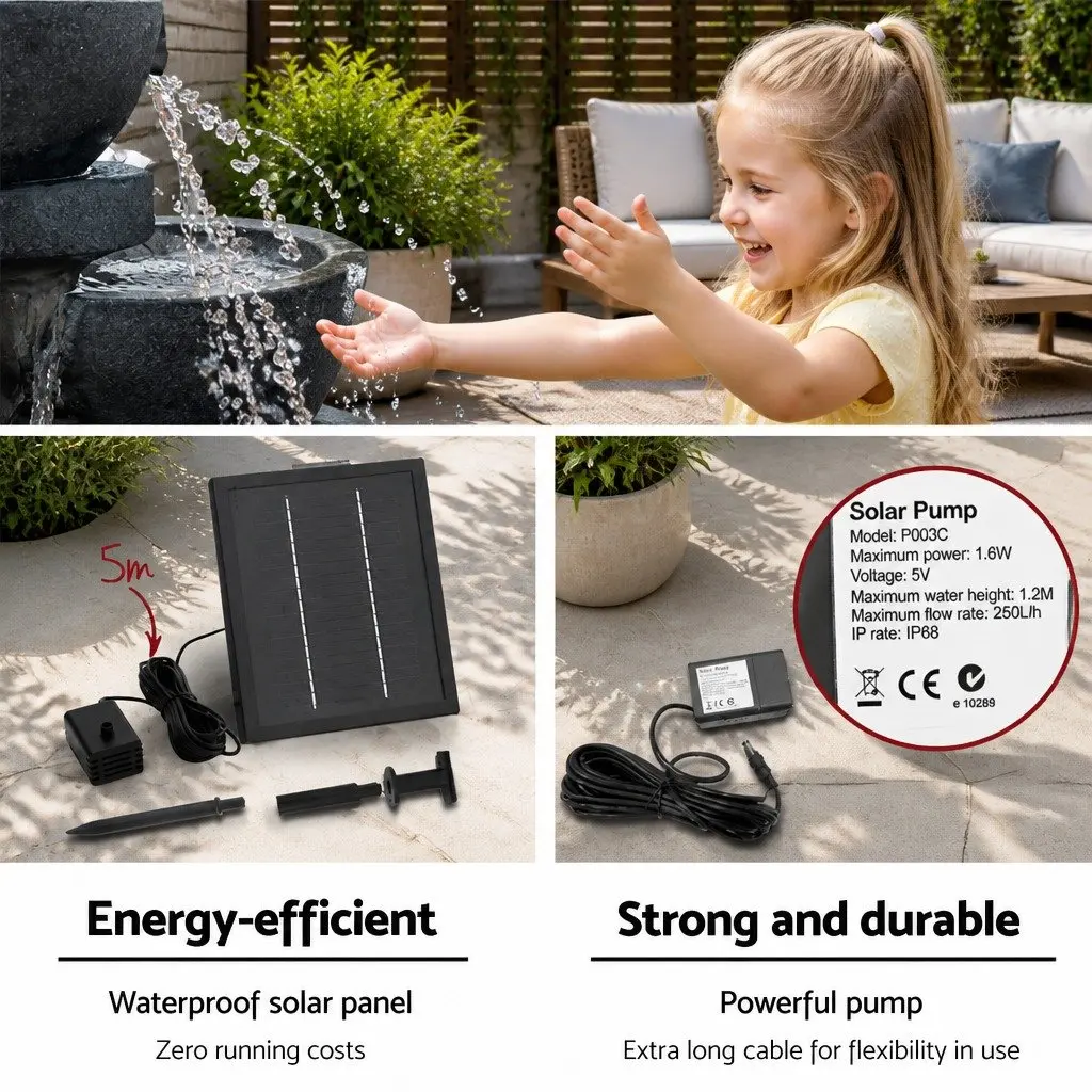 Solar Water Fountain Outdoor Garden 72CM Blue 4-Tier Cascading Bowl with LED Lights