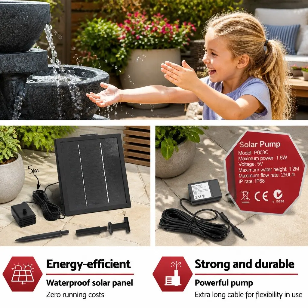 Solar Water Fountain Outdoor Garden 72CM Blue 4-Tier Cascading Bowl with LED Lights