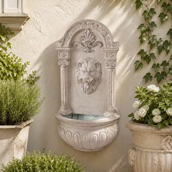 Solar Wall Mount Garden Fountain Lion Cascading Water Feature 77CM Beige Patio