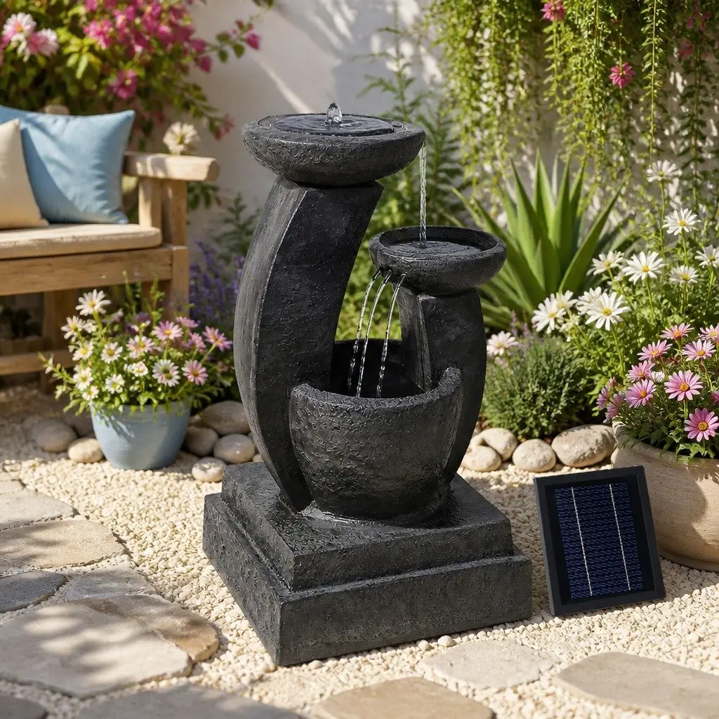 Solar Water Fountain 3-Tier Cascading Mushroom LED Light Garden Outdoor Feature
