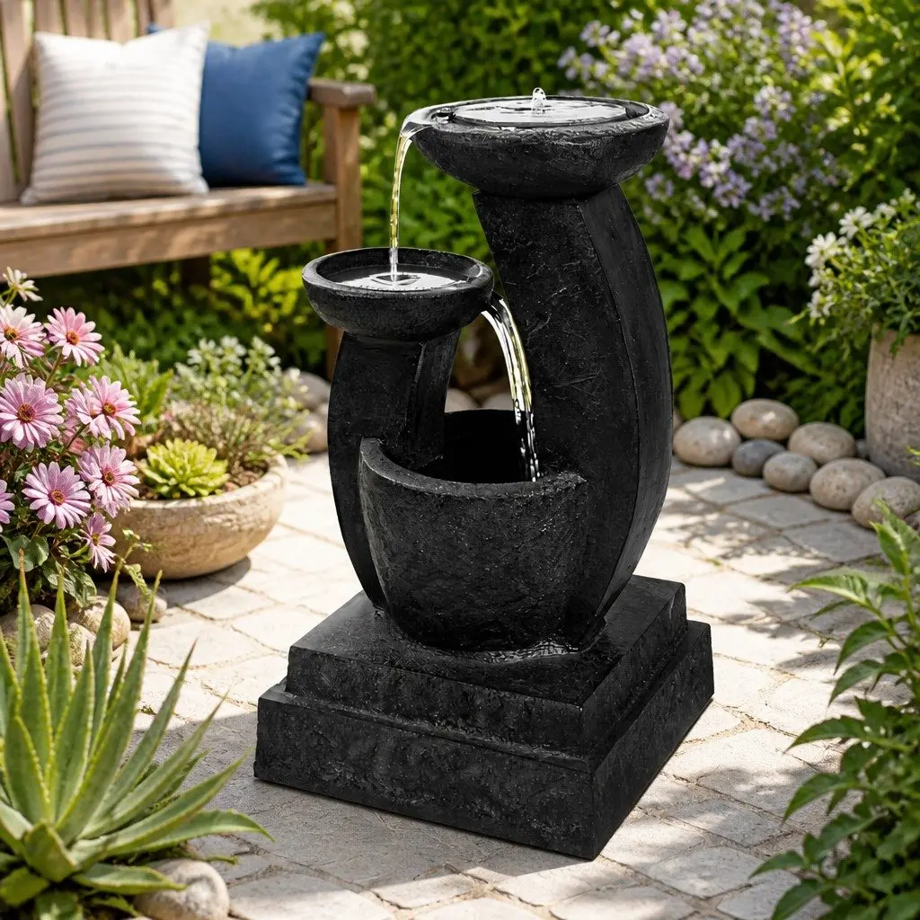 Solar Water Fountain 3-Tier Cascading Mushroom LED Light Garden Outdoor Feature