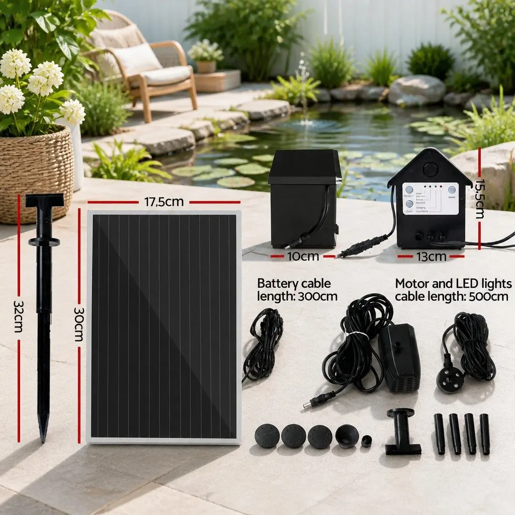 Solar Pond Pump Submersible Fountain Water Feature LED Lights Battery Kit 4FT