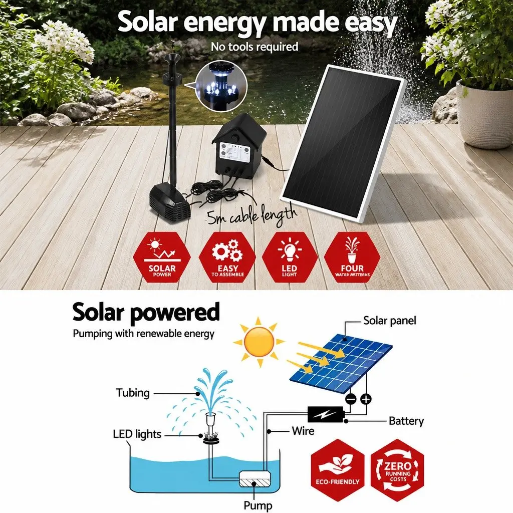 Solar Pond Pump Submersible Fountain Water Feature LED Lights Battery Kit 4FT