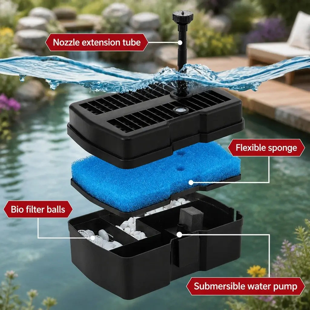 Solar Submersible Water Pond Fountain Pump with Filter Box 4.6FT 470L/H Black