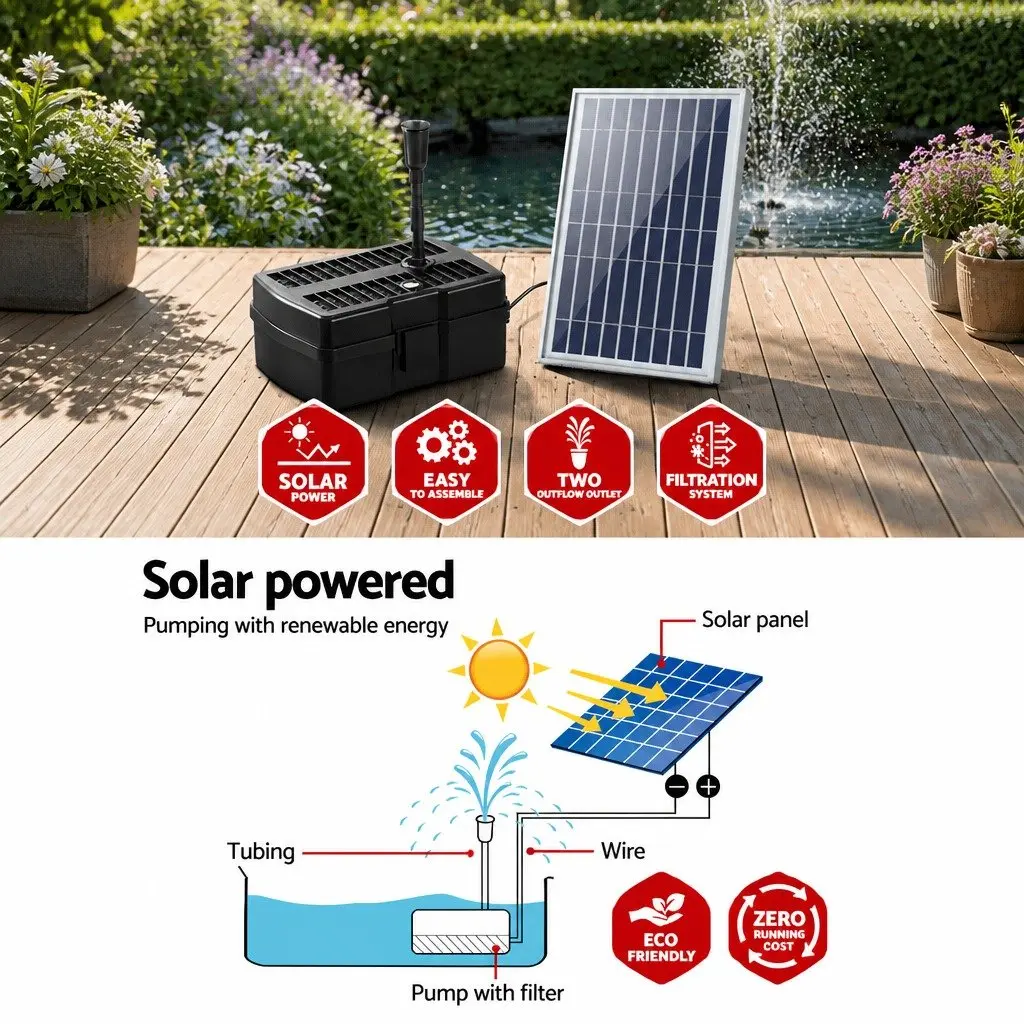Solar Pond Pump Fountain Submersible Filter Box Outdoor Garden Pool 6.6FT