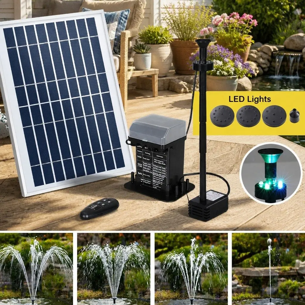 Solar Pond Pump Fountain for Garden 270L/H with LED Lights and Backup Battery
