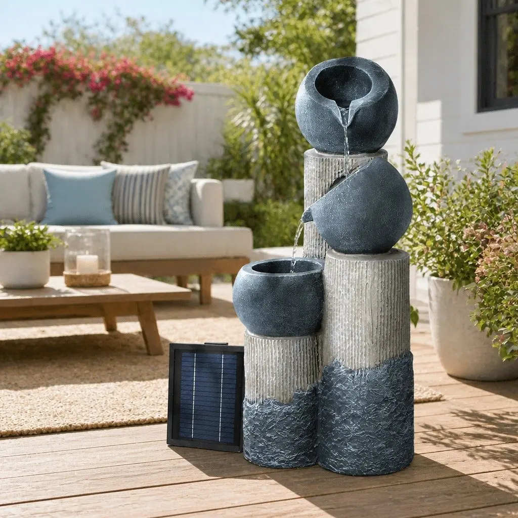 Solar Water Fountain 3-Tier Cascading Pot LED Lights Garden Outdoor Indoor
