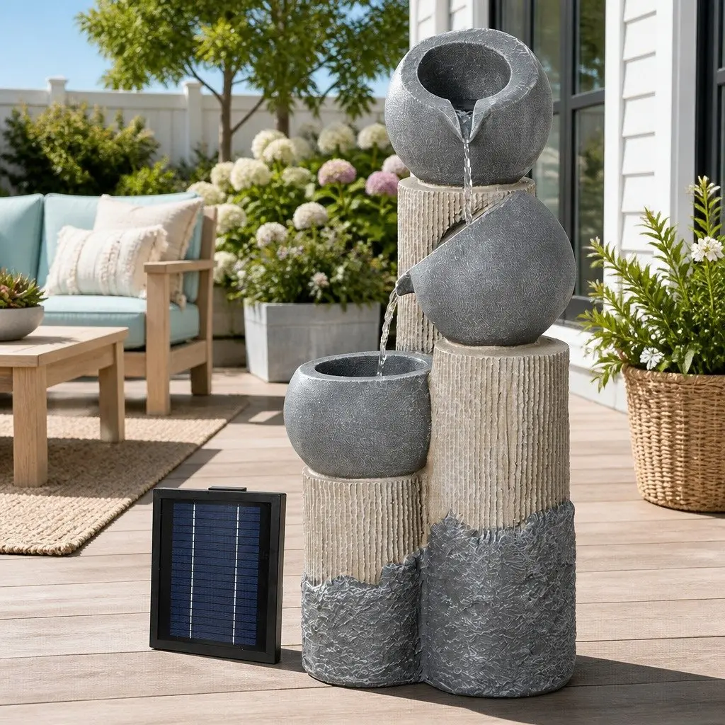 Solar Water Fountain 3-Tier Cascading Pot LED Lights Garden Outdoor Indoor