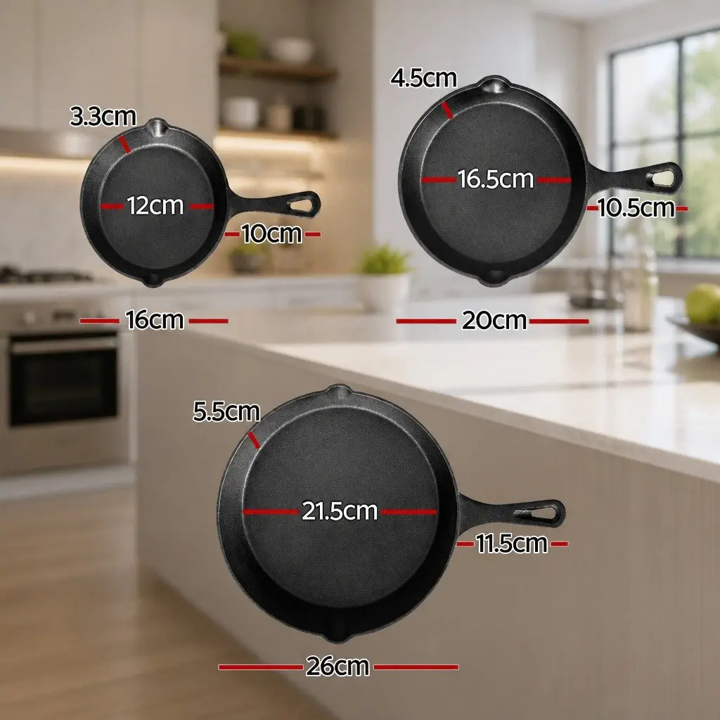 Cast Iron Frying Pan Set Kitchen 3 Piece Non Stick Cookware Skillet
