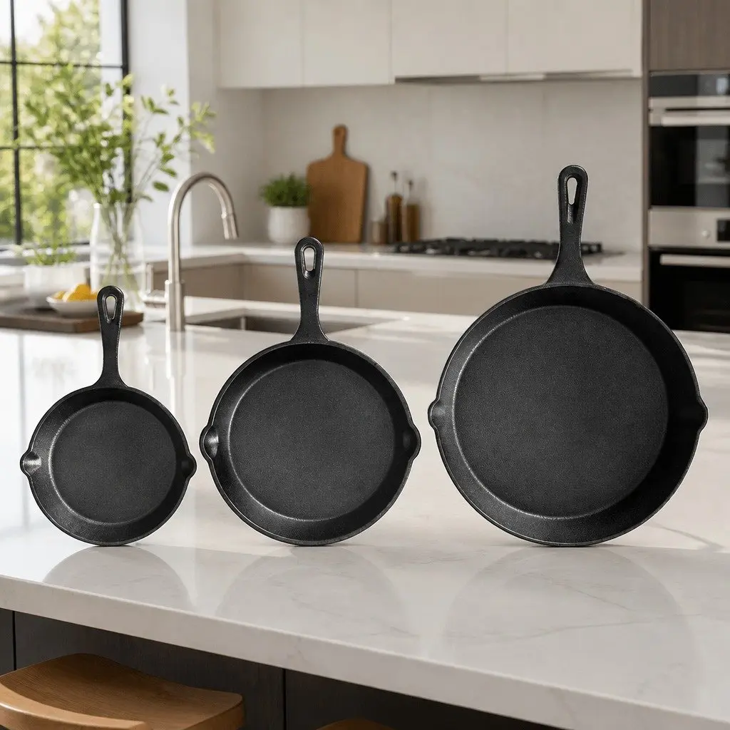 Cast Iron Frying Pan Set Kitchen 3 Piece Non Stick Cookware Skillet