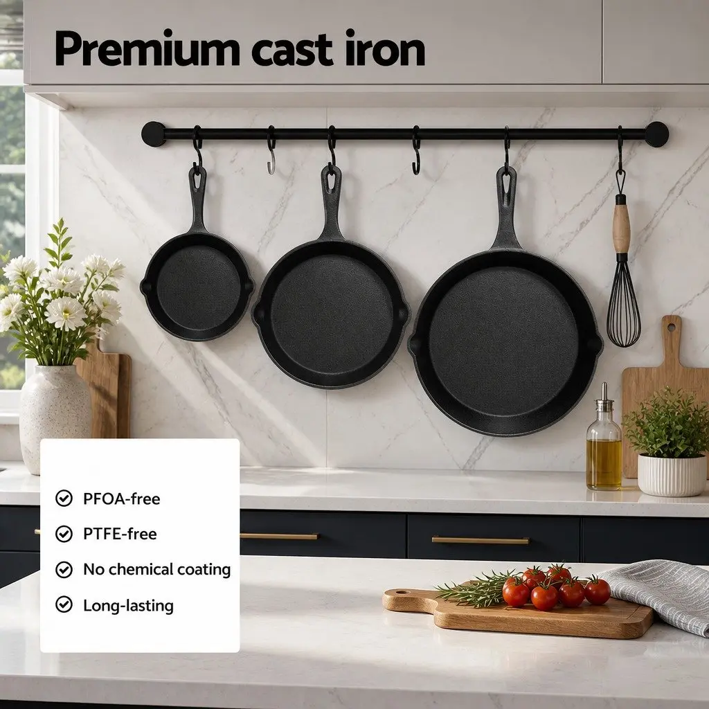 Cast Iron Frying Pan Set Kitchen 3 Piece Non Stick Cookware Skillet