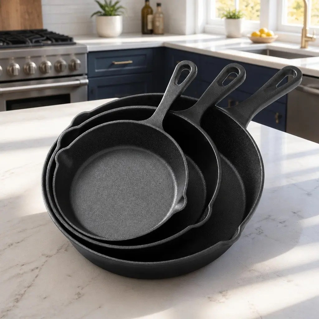 Cast Iron Frying Pan Set Kitchen 3 Piece Non Stick Cookware Skillet