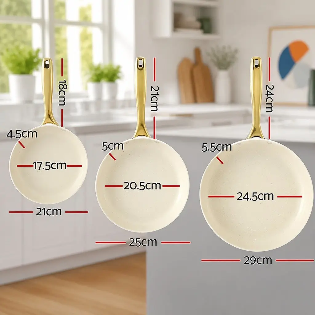 Frying Pan 3 Piece Set Ceramic Non-Stick Cookware Multi Colour Kitchen Skillet
