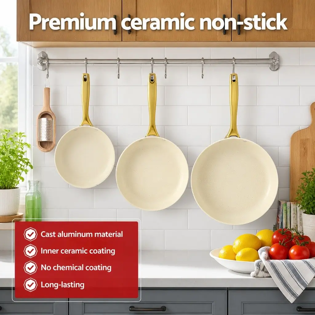 Frying Pan 3 Piece Set Ceramic Non-Stick Cookware Multi Colour Kitchen Skillet